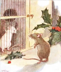 "Saw a prison and in it the white ghost of a mouse", illustration från "The Mischievious Mousie Book", utgiven av Thomas Nelson und Sons, 1920-talet.